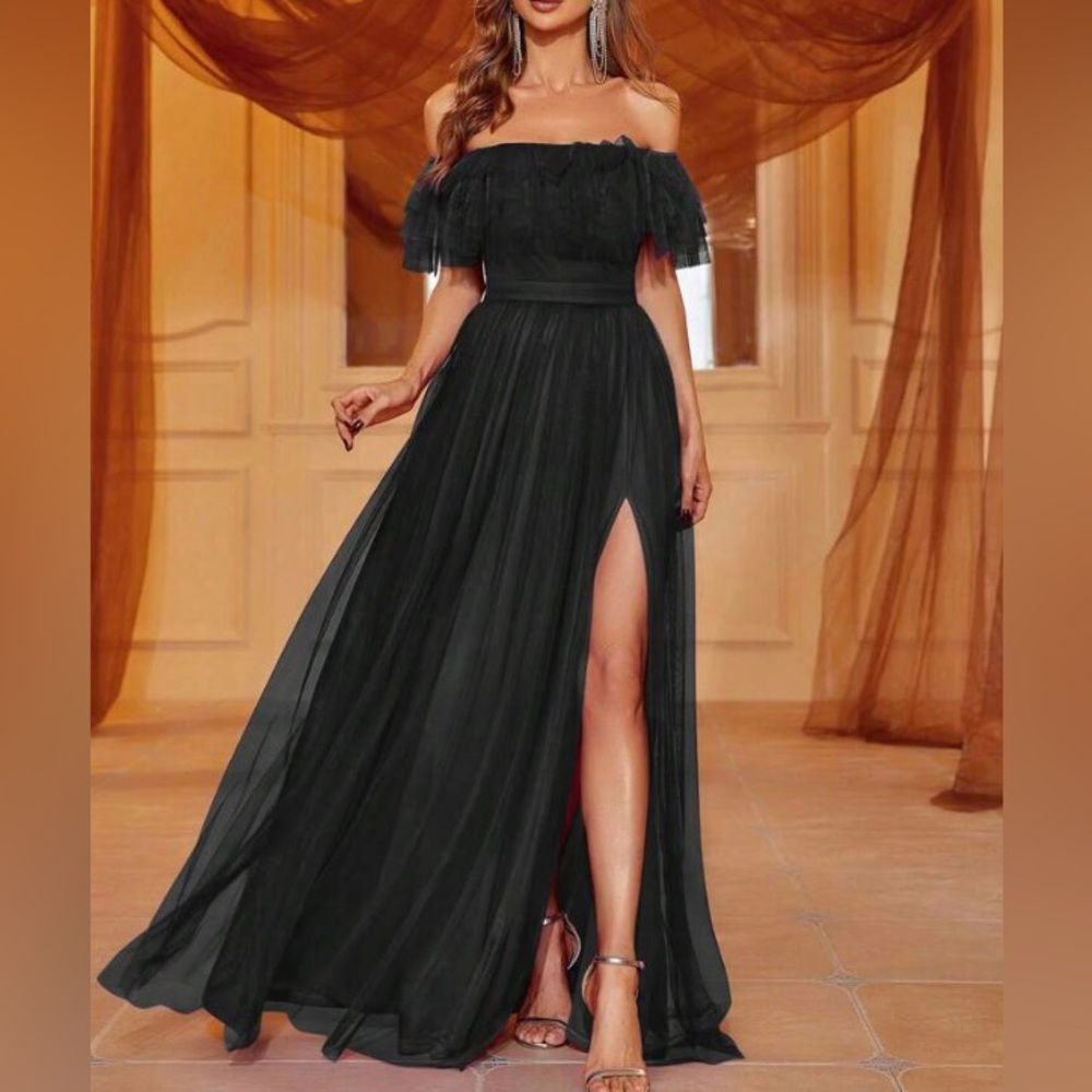 Luxe off shoulder mesh party formal gown dress